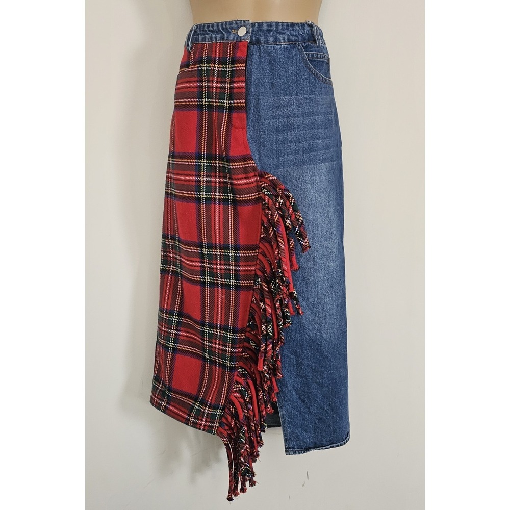 Athina Long Jean Skirt‎ W/ Red Plaid Flannel Size M Fringe